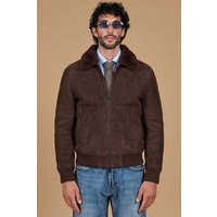 Dark brown suede shearling bomber jacket shirt collar