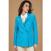 Turquoise double-breasted suede leather blazer button closure