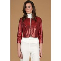 Red laminated leather bolero jacket round collar