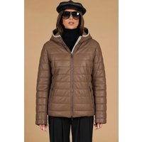 Doudoune cuir plongé taupe avec capuche bordure crème