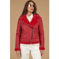 Red shearling lamb biker jacket with belt and cross zipper