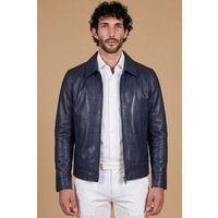 Blouson cuir bleu foncé veste moto col chemise