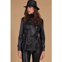 Black double-breasted lamb leather jacket with belt