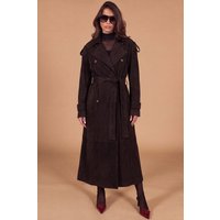 Manteau croisé cuir suedé marron foncé à ceinture