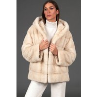 Mink fur jacket long sleeve and hood • pearl color