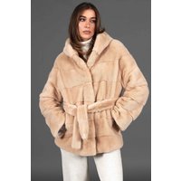 Veste fourrure vison femme capuche et ceinture • couleur beige