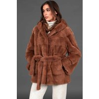 Veste fourrure vison femme capuche et ceinture • couleur oignon