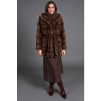 Veste fourrure vison femme capuche et ceinture • couleur marron
