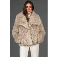 Short mongolian fur jacket with long sleeve • beige color