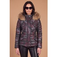 Parka cuir bordeaux militaire capuche fourrure cuir plongé