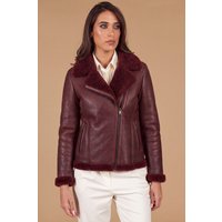 Bordeaux shearling lamb biker jacket with cross zipper