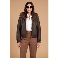 Dark brown shearling bomber jacket with hood