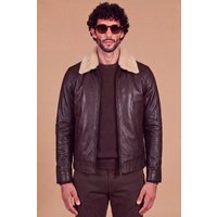 Black leather jacket vintage effect with shearling collar