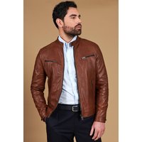 Tan pull up lamb leather biker jacket four zipper pockets