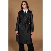 Black belted nappa lamb leather coat