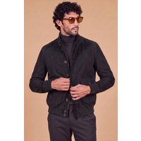 Dark brown bomber jacket in suede leather with buttons and pockets