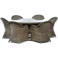 Regent Rattan Large Round Glass Table & 6 Arm Chairs Garden Furniture Set