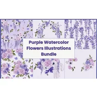 Purple Watercolor Flowers Illustrations Bundle | Extended License