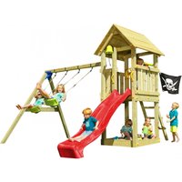 Demmelhuber Spielturm KIOSK mit Rutsche Doppelschaukel Rot 120 m