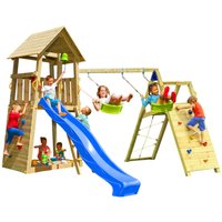 Demmelhuber Spielturm BELVEDERE mit Rutsche Kletterwand Doppelschaukel Blau