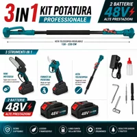 Kit Potatura a Batteria 3 in 1 con Asta Telescopica – Forbice Elettrica + Mini Motosega 6" + 2 Batterie e accessori