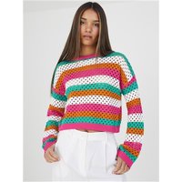 Brave Soul Stripe Crochet Knit Jumper - Green / Pink / White And Orange - S