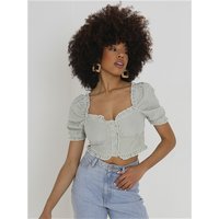 Brave Soul Textured Gingham Cropped Puff Sleeve Top - Green / White - L