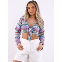 Saint Genies Crochet Stripe Tie Front Top - Blue - L