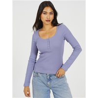Brave Soul Ribbed Button Top - Grey - XS