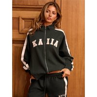 Kaiia Sport Stripe Funnel Neck Zip Sweat - Pine Green & Cream - 2XS