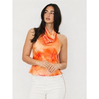 Saint Genies Printed Satin Halter Top - Orange Floral - L
