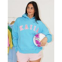 Kaiia Slogan Oversized Hoodie - Bright Blue & Pink - L