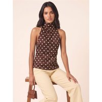 Saint Genies Polka Dot Printed Satin Halter Top - Brown With Yellow - L