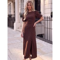 Ax Paris Polka Dot Puff Sleeve Midi Dress - Brown And Black - 8