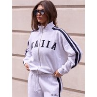 Kaiia Sport Side Stripe Funnel Neck Zip Sweatshirt - Light Grey Marl & Navy - L