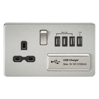 KnightsBridge 2G 13A Screwless Brushed Chrome 1G Switched Socket with Quad 5V USB Charger Ports - White Insert