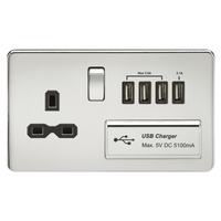 KnightsBridge 2G 13A Screwless Polished Chrome 1G Switched Socket with Quad 5V USB Charger Ports - White Insert