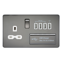 KnightsBridge 2G 13A Screwless Black Nickel 1G Switched Socket with Quad 5V USB Charger Ports - White Insert