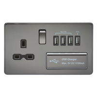 KnightsBridge 2G 13A Screwless Black Nickel 1G Switched Socket with Quad 5V USB Charger Ports - Black Insert
