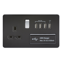 KnightsBridge 2G 13A Screwless 1G Matt Black Switched Socket with Quad 5V USB Charger Ports - Black Insert
