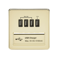 KnightsBridge 1G Screwless Polished Brass Quad USB 5V Charger Outlet - Black Insert