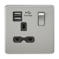 KnightsBridge 1G 13A Screwless Brushed Chrome 1G Switched Socket with Dual 5V USB Charger Ports - White Insert