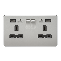 KnightsBridge 2G 13A Screwless Brushed Chrome 2G Switched Socket with Dual 5V USB Charger Ports - White Insert