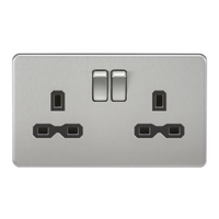 KnightsBridge 2G DP 13A Screwless Brushed Chrome 230V UK 3 Pin Switched Electric Wall Socket - Black Insert