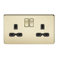 KnightsBridge 2G DP 13A Screwless Polished Brass 230V UK 3 Pin Switched Electric Wall Socket - Black Insert