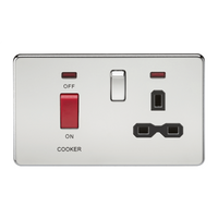 KnightsBridge 45A 2G DP 230V Screwless Polished Chrome Switch With Neon and Socket - Black Insert