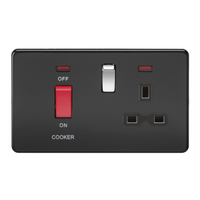 KnightsBridge 45A 2G DP 230V Screwless Matt Black Electric Switch With Neon and Socket