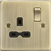 KnightsBridge 13A 1G DP Switched Socket with Black Insert - Square Edge Antique Brass