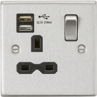 KnightsBridge 13A 1G Switched Socket Dual USB Charger (2.1A) with Black Insert - Square Edge Brushed Chrome