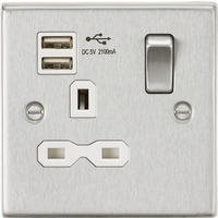 KnightsBridge 13A 1G Switched Socket Dual USB Charger (2.1A) with White Insert - Square Edge Brushed Chrome